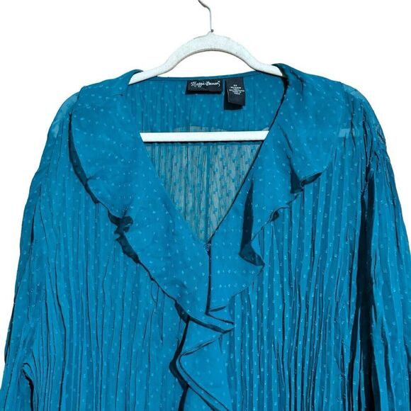 Maggie Barnes Top Womens 2X 22 24W Blue Swiss Dot Ruffle Sheer Crinkle Blouse - Picture 2 of 8